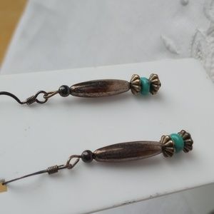 Highly oxidized Patina Sterling Silver oblong bead turquoise chip hook earrings